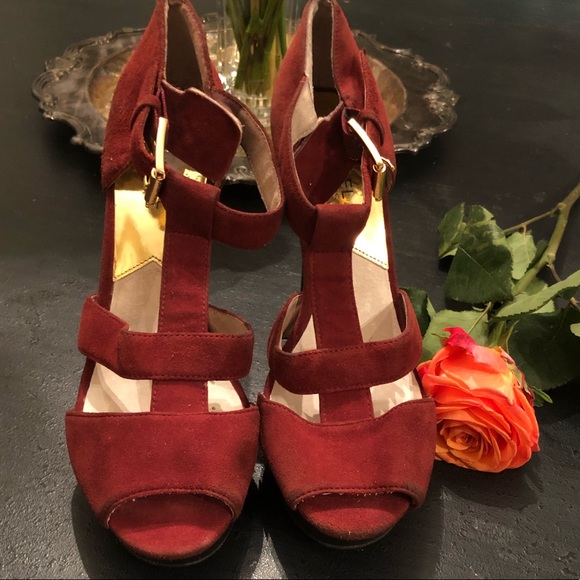 MICHAEL Michael Kors Shoes - Michael Kors GUC Burgundy & Gold Ankle Strap Heels